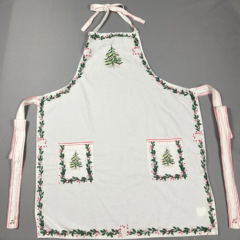 Sur La Table Christmas Apron White Cotton Tree Holly Print 29x36 Holiday Festive